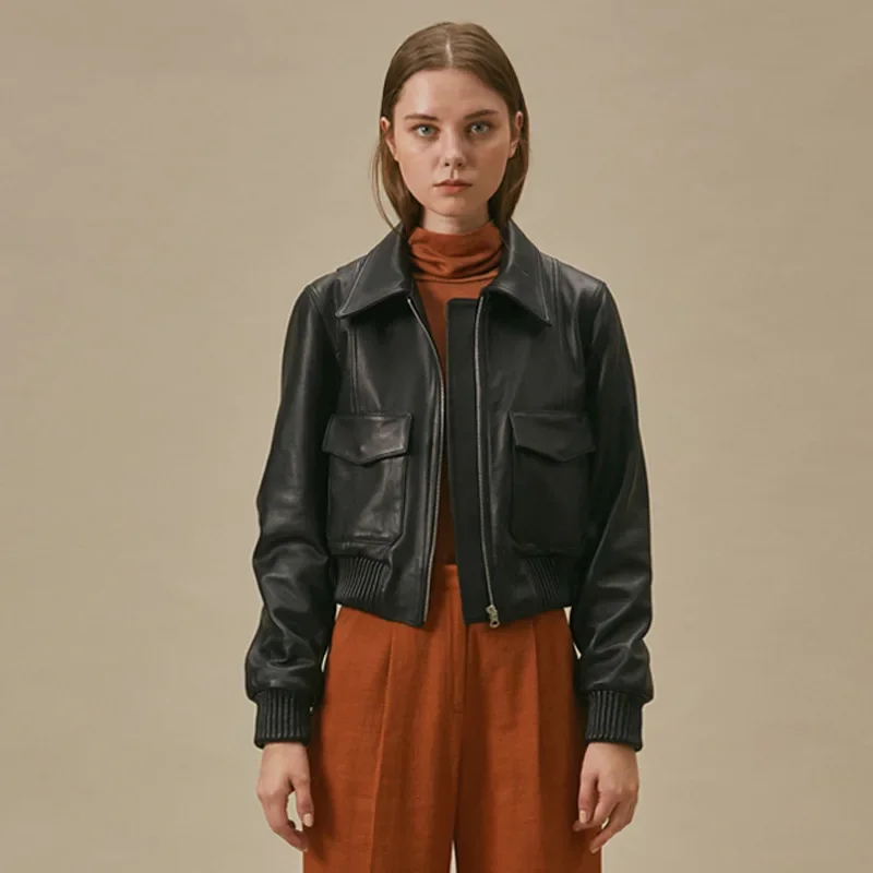

Casual Black Genuine Leather Bomber Leather Jackets for Women Spring Autumn High-end Simple Slim Short Real Sheepskin Coat