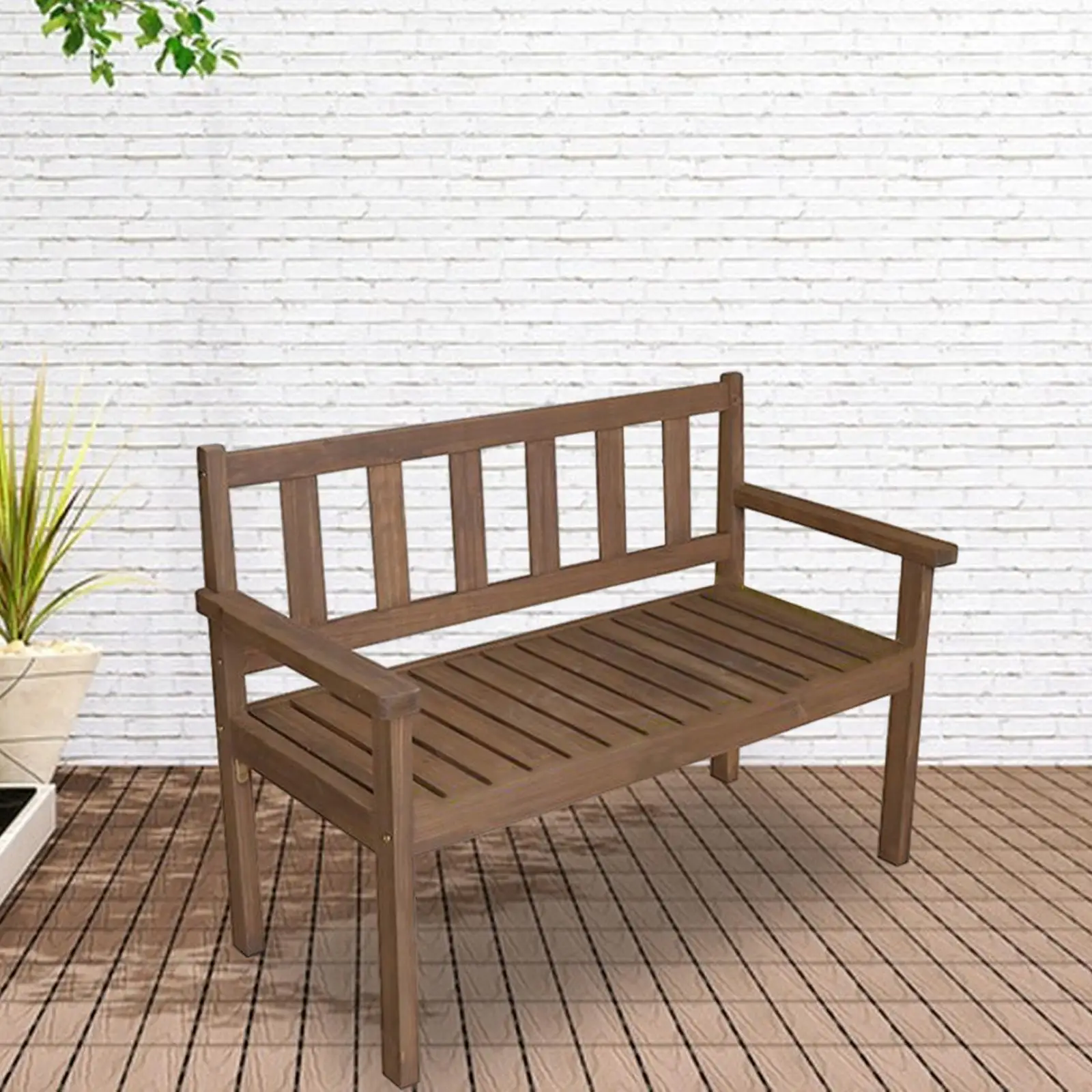 Wood Bench Garden Bench W/ Backrest and Armrest 2 Seater Wooden Bench Outdoor Bench for Park Deck Front Porch Furniture Decor