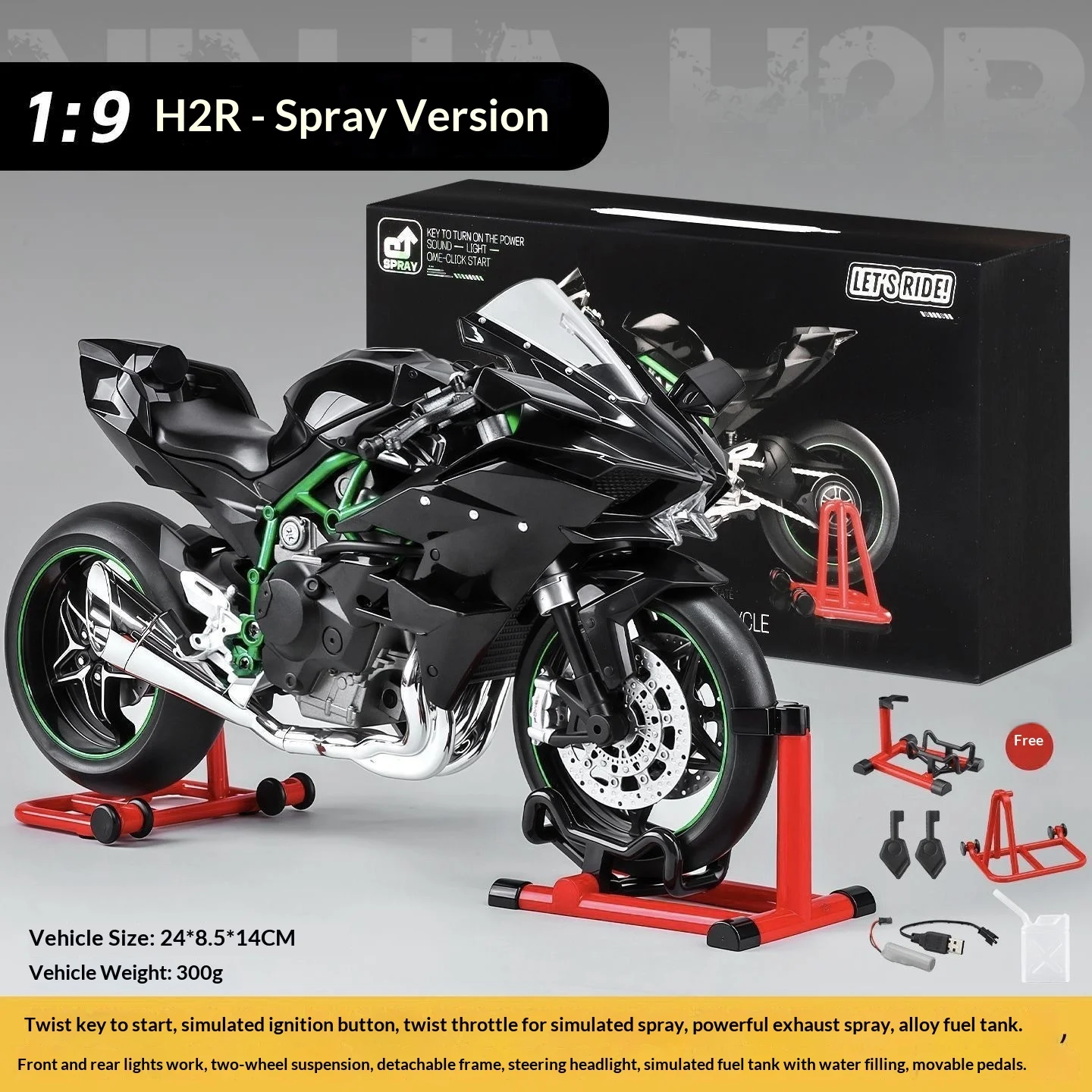 Kawasaki Ninja H2R 1:9 Motorradmodell aus Legierung mit Rauchsprüheffekt, Sammleredition, Geschenkbox für Motorradsammler – Detail 7
