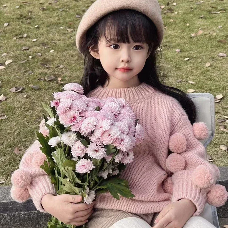 

Girls' Pullover Sweater 2023 Spring and Autumn New Children's Fashionable Girl Baby Pink Lantern Sleeve Wool Ball Sweater Top