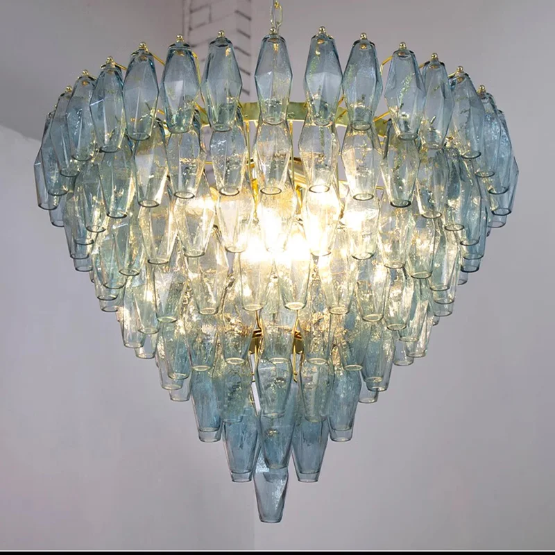 

Scandinavian blue glass chandelier with diamond pendant transparent lustre For living room, bedroom, dimmable, height adjustable