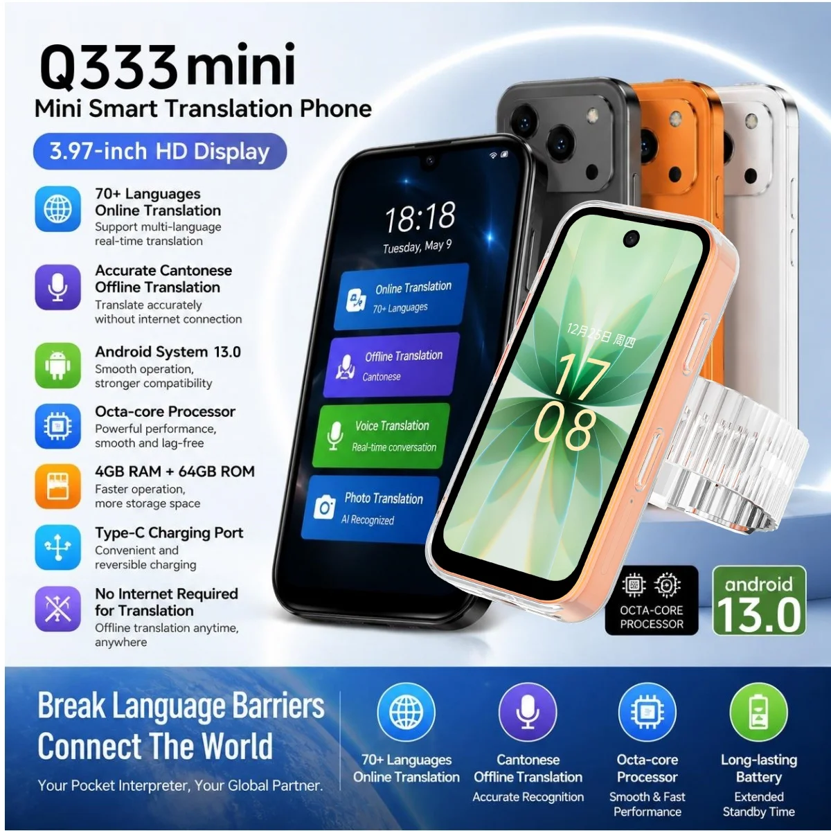 Q333 Android 13.0 Mini Ai Smart Watch Phone 2700Mah Battery 800W HD Dual Camera Amoled GPS WIFI Video Call Dual Sim Card Slot