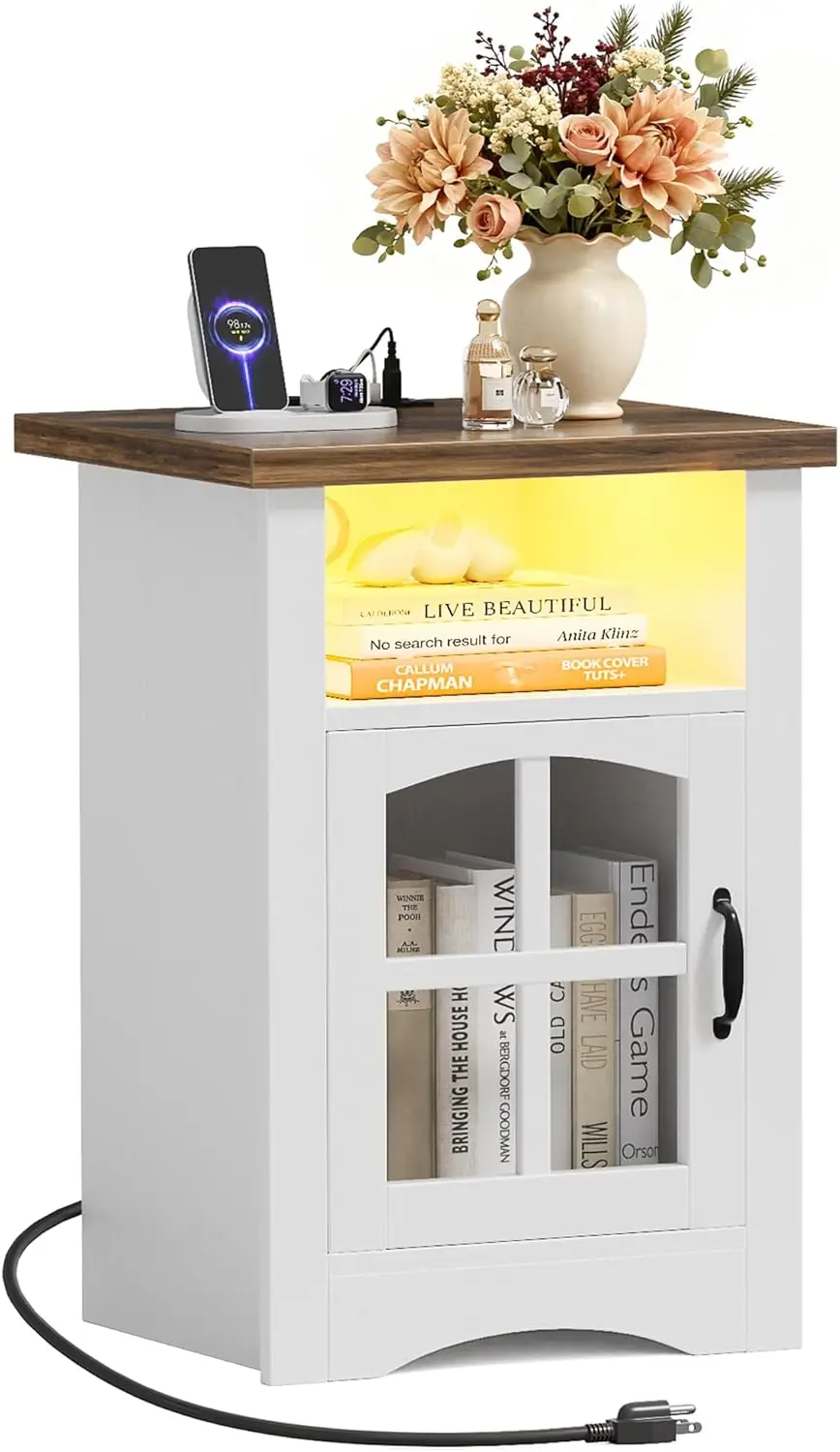 

Прикроватный столик с зарядной станцией, открытой полкой со светодиодной подсветкой и стеклянной дверцей, тумба в стиле фермерского дома с быстрой зарядкой 20 Вт