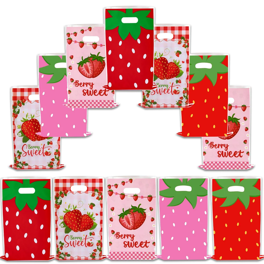 Bolsas de regalo con estampado de fresa, decoraciones para fiesta de cumpleaños, bolsa de botín para boda, bolsas de recuerdos para vacaciones, suministros para Baby Shower, 10-30 Uds.