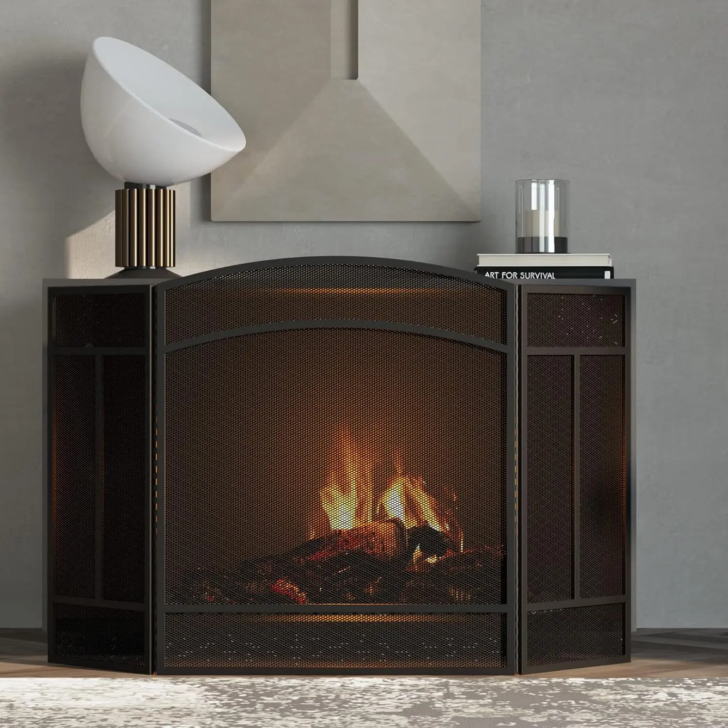 Nordic wrought iron black fireplace screen partition three-fold door with mesh household simple protective fence fire
