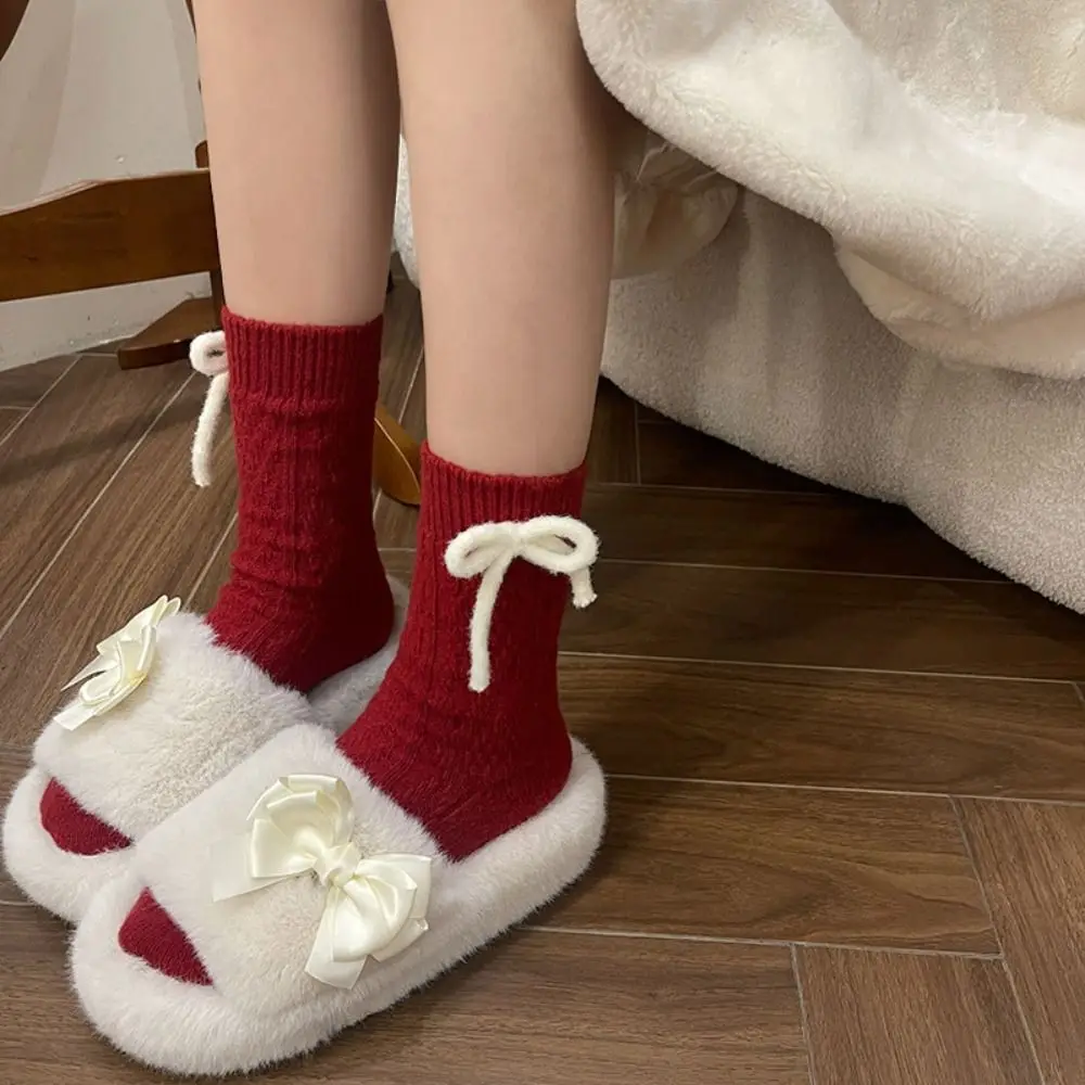 New New Year Red Bow Socks Winter Thickened Warm Socks Y2K Sweet Cute Rhombus Pattern Middle Tube Socks Female Hosiery