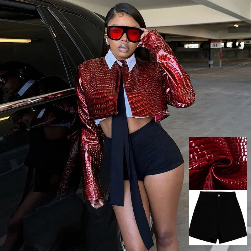 

New Faux Leather Jacket Women Hip Hop Snake Print O Neck Full Sleeve Navel Short Tops Street Personalized Spice Girl Slim Jacket