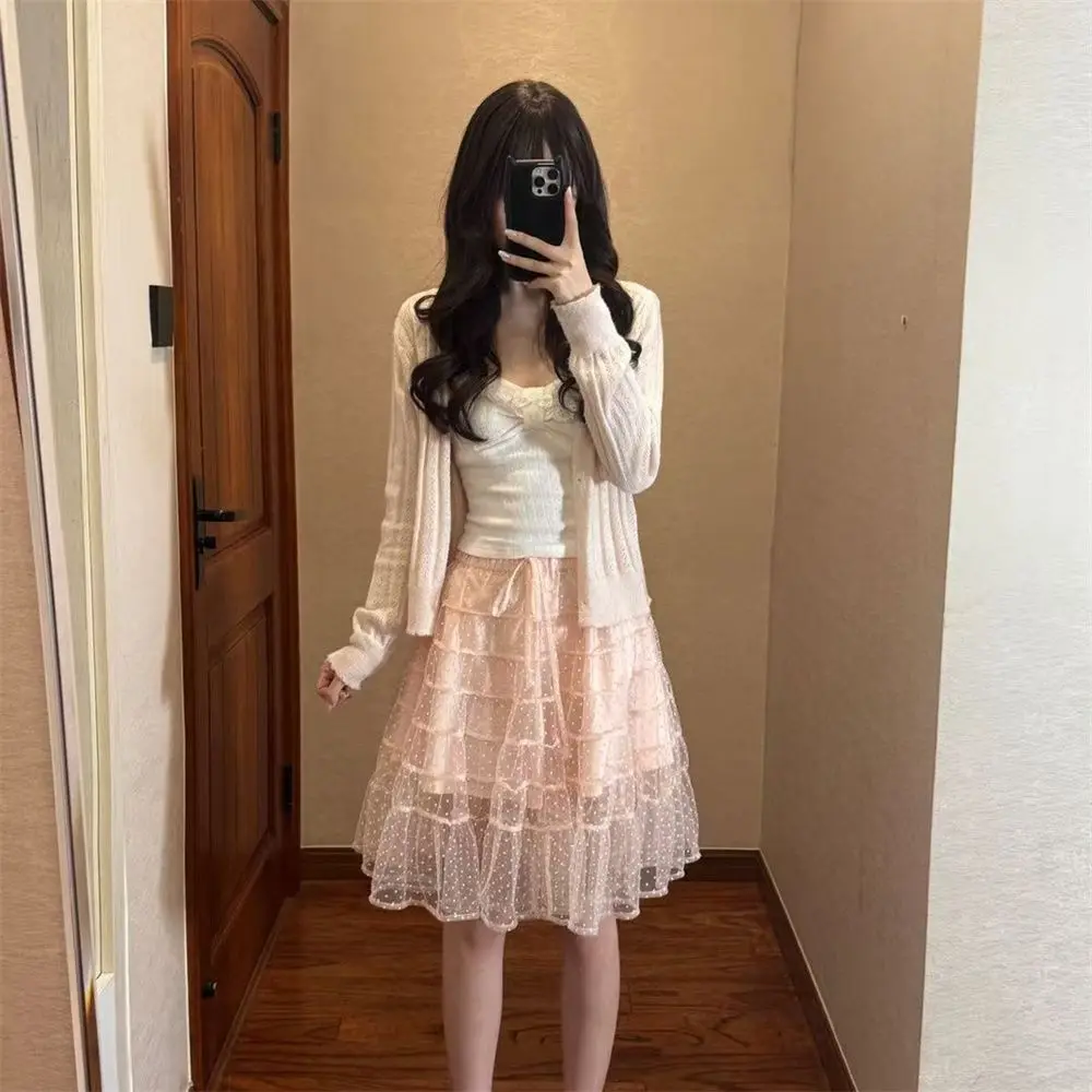 French Style Sweet Lace Trimmed Camisole + Pink Long-sleeve Knit Cardigan + High Waist Tulle Midi Skirt Set Elegant Clothes 2026