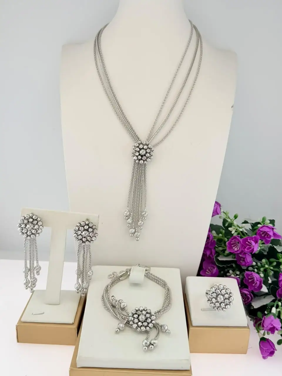 New Tassel Flower Ball Jewelry Set Gold Plated Multi Chain Y Necklace Drop Earrings Bracelet Ring African Wedding Party Jewelry