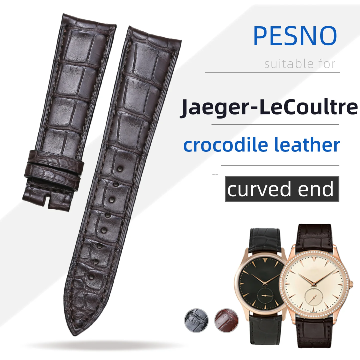 

PESNO Genuine Crocodile Alligator Skin Leather Men Watch Strap Band Curved End Suitable for Jaeger-LeCoultre Master Control