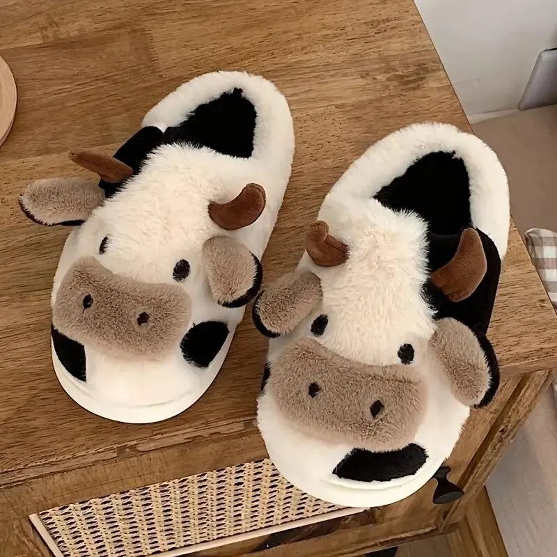 Women\'s Cartoon Cute Cow House Slippers Warm Plus Lined Closed Toe Fuzzy Home Slides Women\'s Fluffy Comfy Shoes Winter Autumn