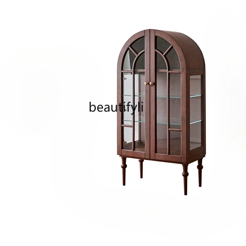 

French retro figure, solid wood display, arched locker glass high-end living room side cabinet