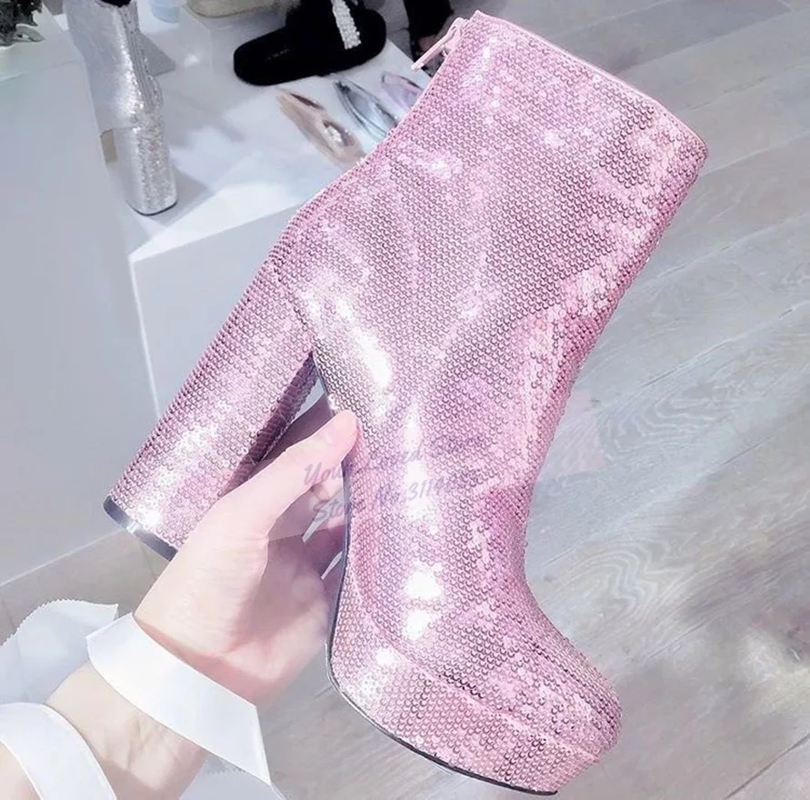 

Женские милые розовые блестящие ботильоны с блестками, короткие ботильоны на массивном каблуке и платформе с блестками, элегантная банкетная обувь на молнии