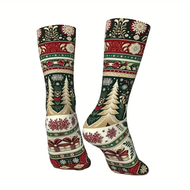 ユニセックス クリスマス ソックス 雪の結晶、ツリー、オーナメントが描かれたお祝いのホリデーデザイン、通気性があり、アウトドアスポーツに最適 クリスマス ソックス