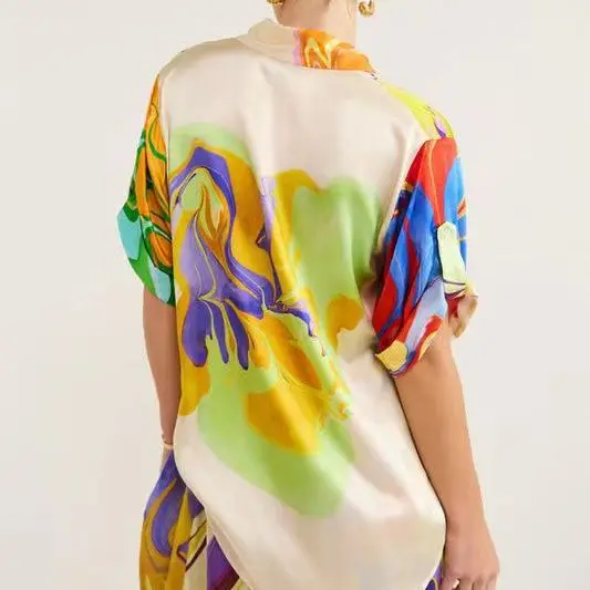 Modieuze zomer zijde bedrukte damesset jurk losse korte mouwen shirt top + rok taille 2-delige sets elegant damespak