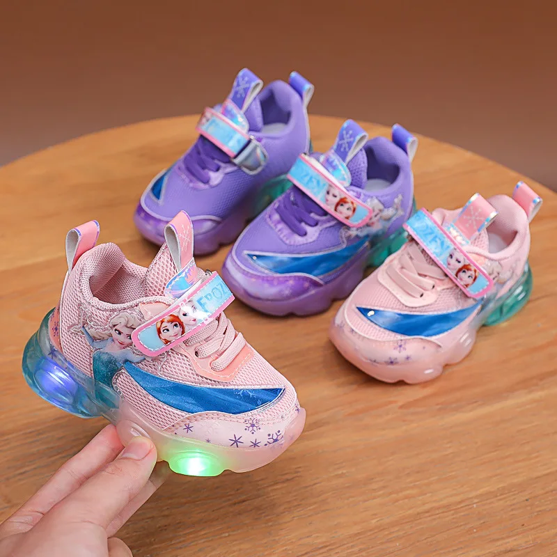 Disney Girls' Casual Shoes Mesh LED Light Children's Shoes Princess Elsa Soft Sole Casual Cartoon Illuminated Girls' Pink Shoes