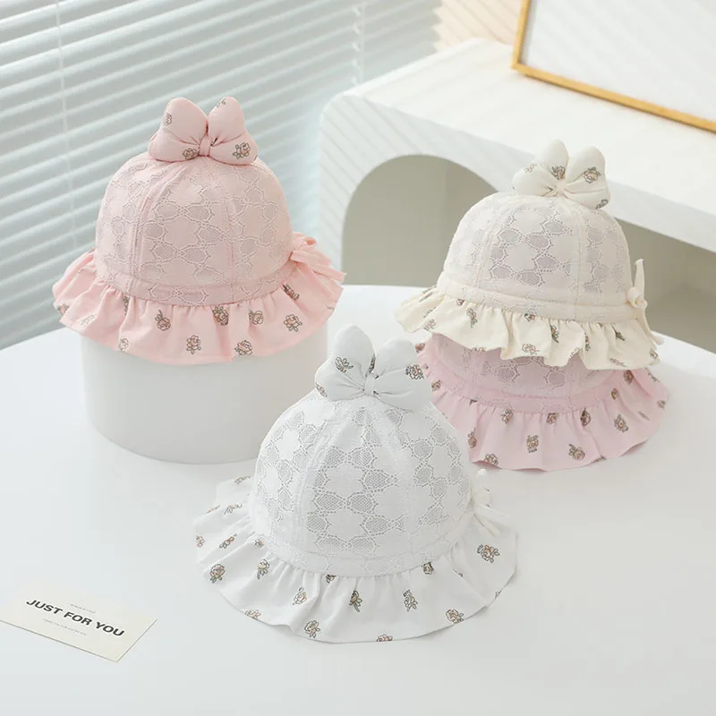 

Sweet Bowknot Baby Basin Cap Princess Summer Mesh Fisherman Hat Net Breathable Infant Sunscreen Visors 1-12Month Girl Palace Hat