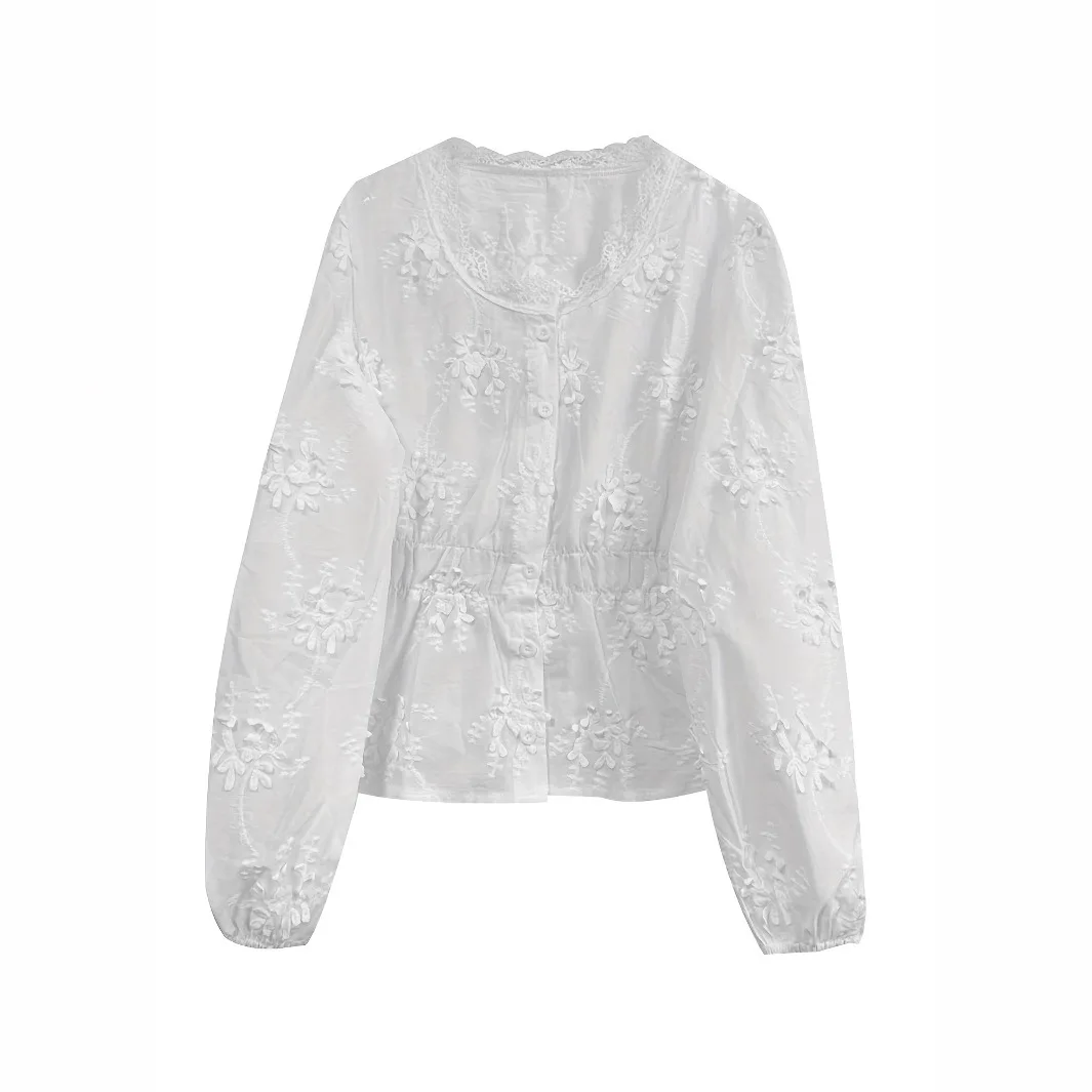 2026 Women's Floral Embroidery Scallop V Neck Puff Long Sleeve Elastic Waist Front Split Blouse Soft Comfort Daily Commute Shirt