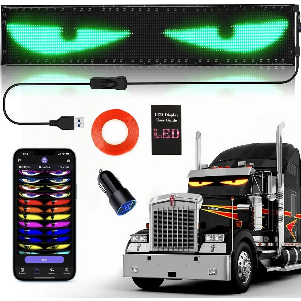 

58”x8” Heavy Duty Devil Eyes Light, ull Color Car Windshield Animated LED, lexible Scrolling LED Display Sn or Car Window, Progm