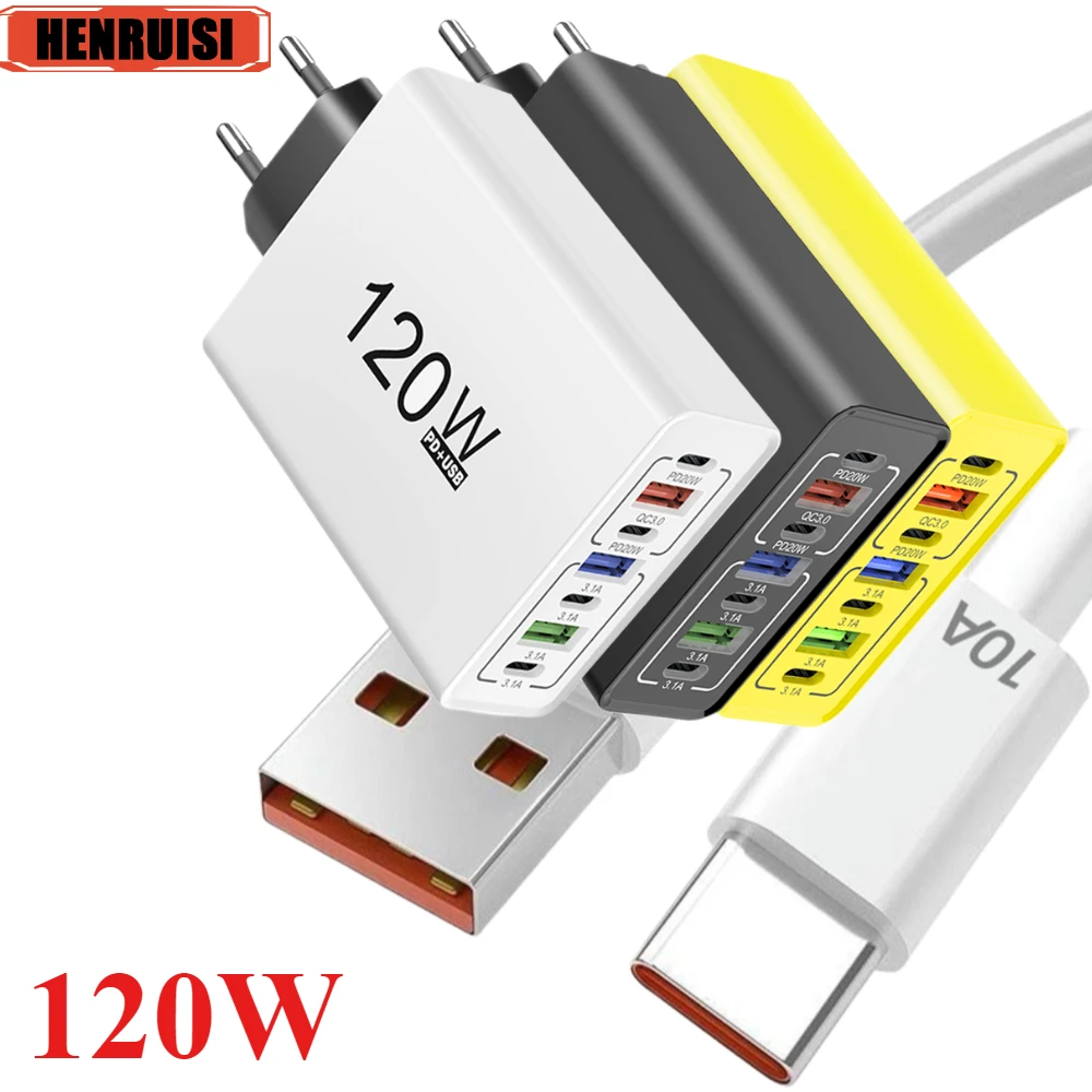 

120W USB Charger 10A Type C Fast Charging Data Cables Phone Charge Adapter For iPhone Samsung Xiaomi 14 15 Huawei Wall Charger