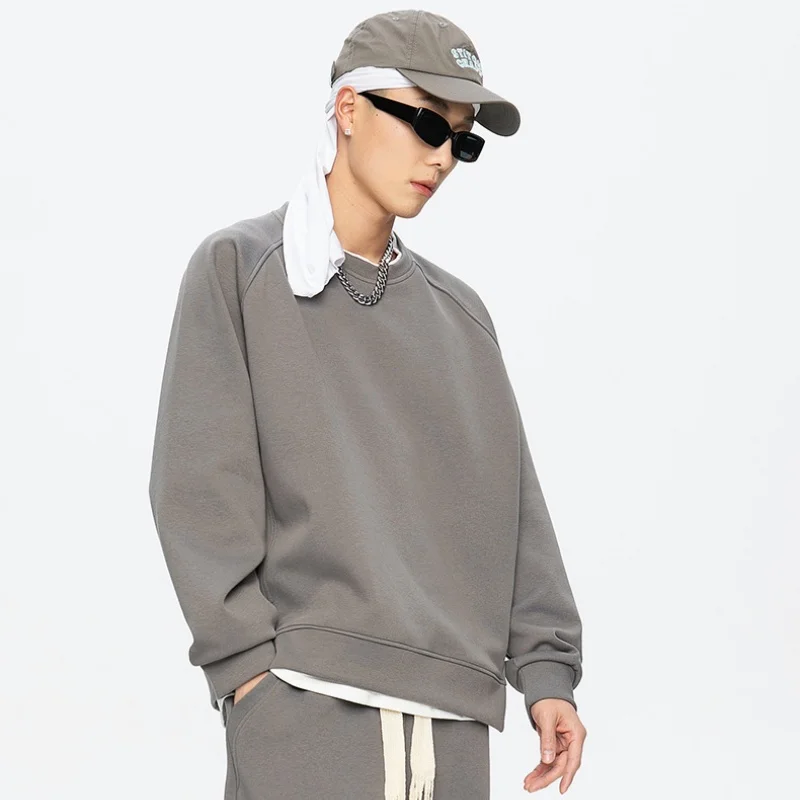 

Cotton Velvet Fake Two Piece Round Collar Sweatshirt Men's Autumn Winter Solid Color Loose Peplum Tops Solid Color Soft Warmth