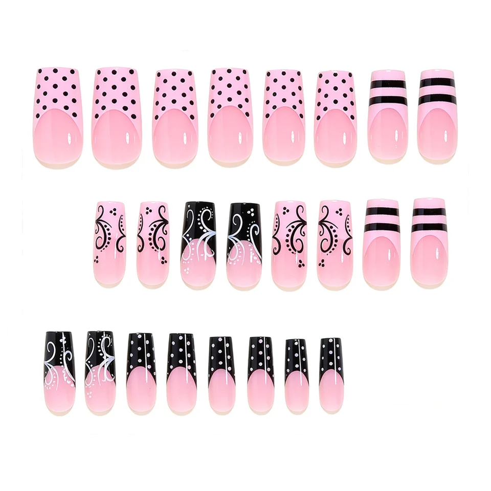 24 piezas de uñas postizas francesas estilo Y2K, dulces y punk, con enredaderas, rayas, rosas y negras, lunares, uñas postizas cuadradas 2