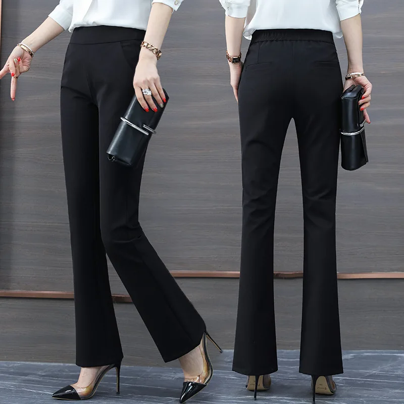 سروال طويل أسود غير رسمي متوهج للنساء، خصر عالي للربيع والخريف، ثنيات، تنحيف، أنيق مستقيم الساق متوهج قليلاً #1