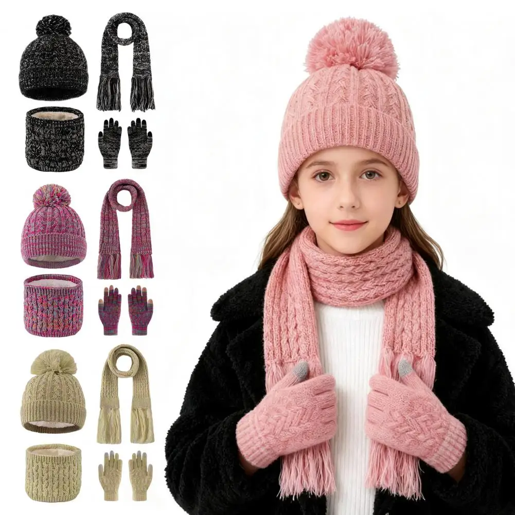Knitted Hat Scarf Gloves Set Knit Hat Scarf Set 3pcs Kids Winter Hat Scarf Gloves Set Rainbow Twist Knit with Plush for Children
