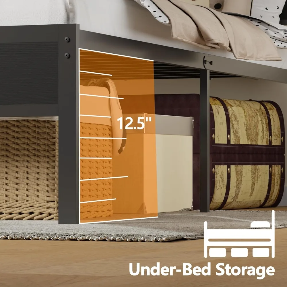 إطار سرير كوين من Furnulem مع لوح رأسي للتخزين وأضواء LED، إطار سرير معدني مع محطة شحن ومنفذ USB، مقاس كوين Pl