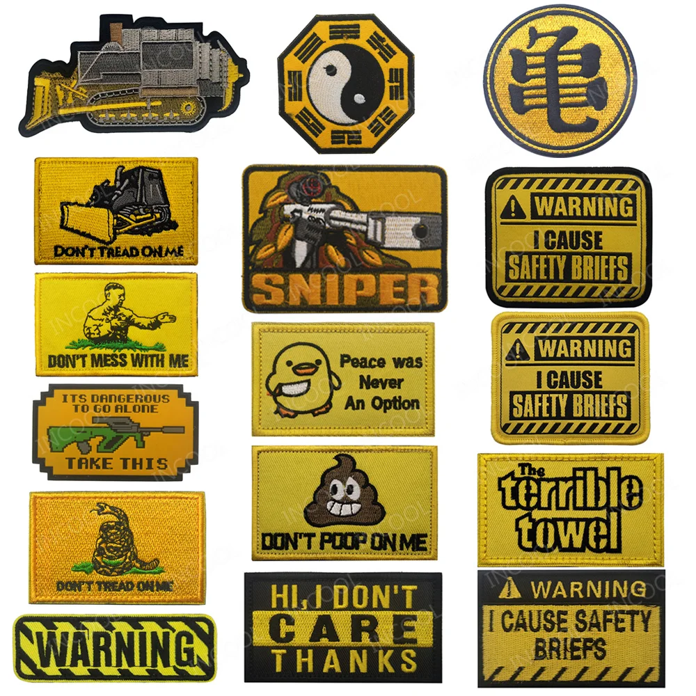 Yellow Embroidery Patches English Alphabet Letter Warning Funny Saying Tactical Slogan Words Sniper Appliqued For Clothing