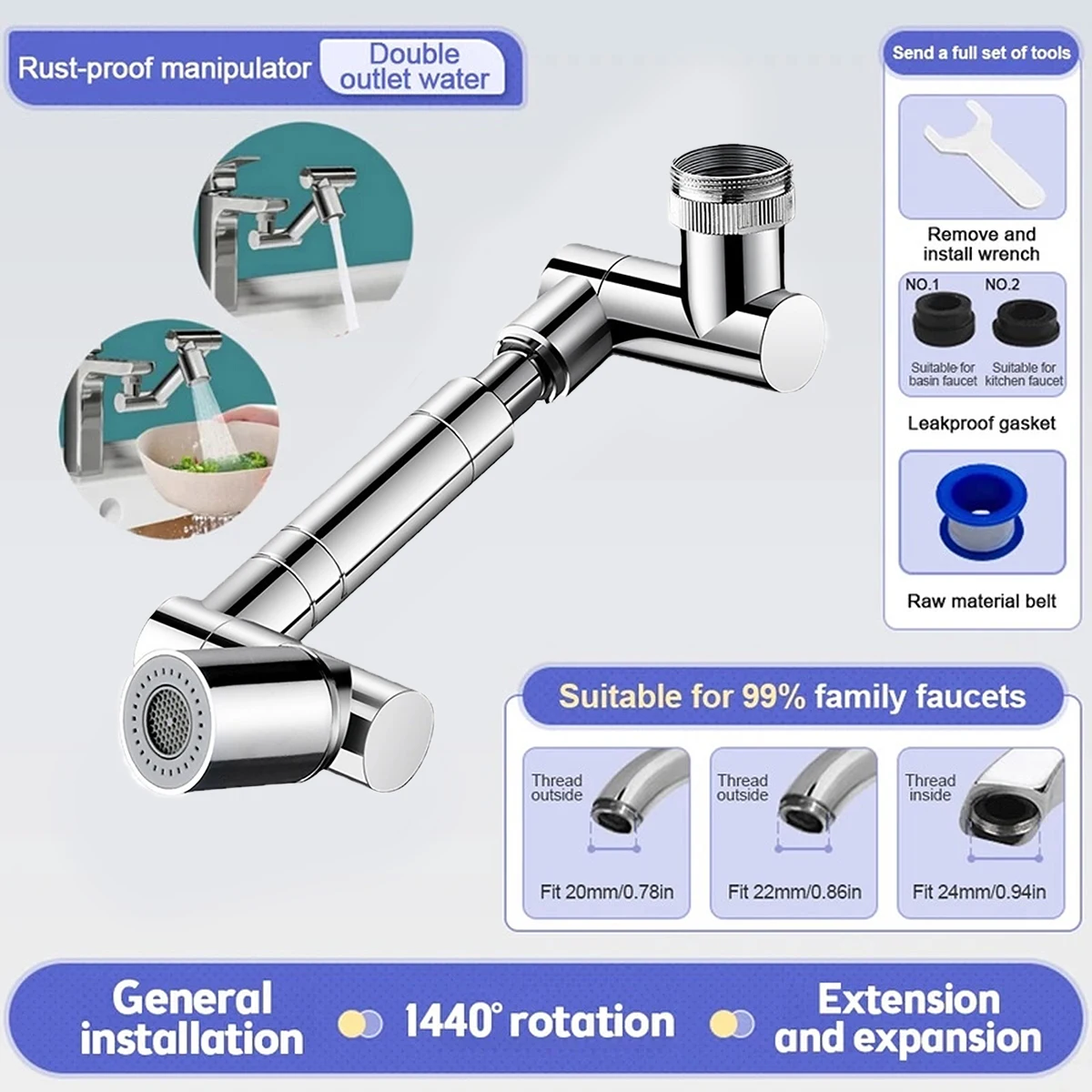 Metal 1440° Rotating Faucet Extender  Faucet Aerator  Faucet Attachment with Female/Male Thread Robotic Arm Sink Aerator