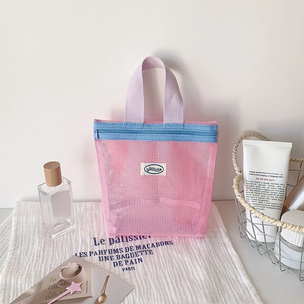 Bolsa de cosméticos feminina de malha, bolsa de armazenamento para cuidados com a pele, pincel de maquiagem, bolsa de armazenamento coreana, transparente, grande capacidade, zíper, bolsa de maquiagem