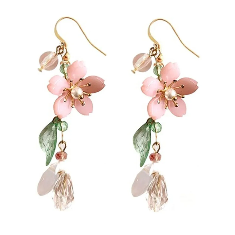 ink Flower Dangle Earrings for Women Cute Pearl Leaf Sakura Leaf Earrings Fairy Statement Summer Refreshing Seaside Idyllic