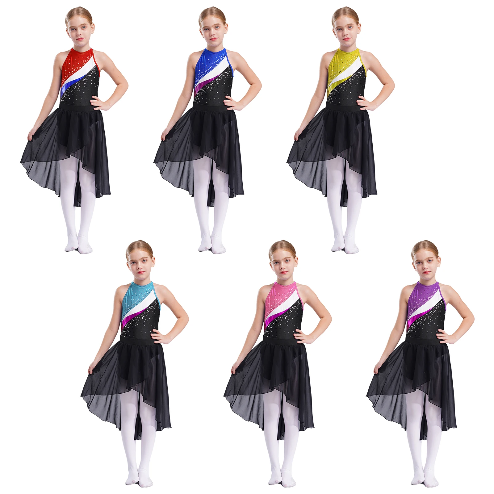 Body da ginnastica per ragazze con strass per bambini Body per pratica di danza classica con gonna Set di cravatte per capelli Pattinaggio di figura Unitard Dancewear