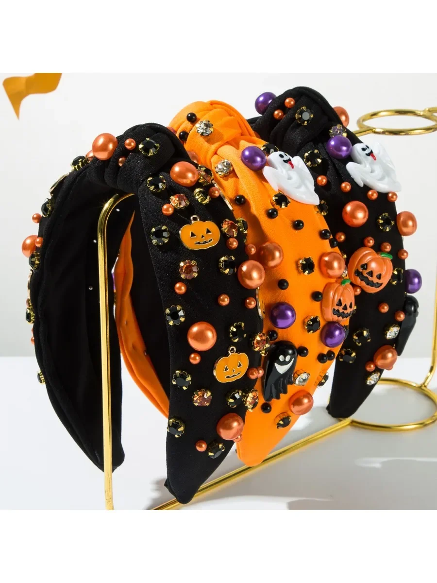 Halloween Wide Knotted Headband for Women, Rhinestone Pearl Beaded Hair Hoop Pumpkin Ghost Charms,Cosplay Party Hair Accessories
