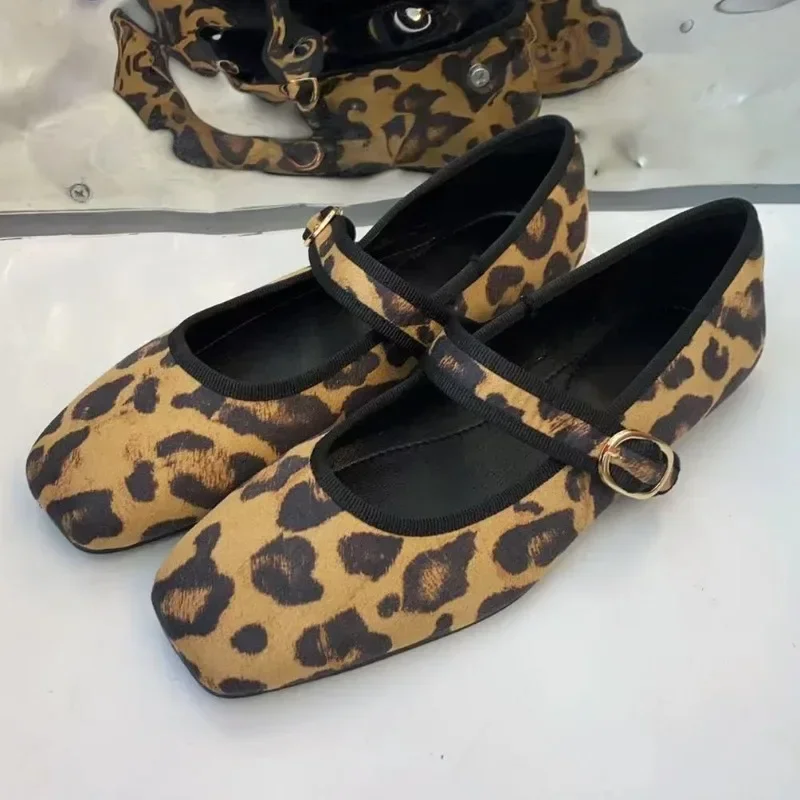 2024 Summer Ballet Flats for Women Square Head Shallow Trend Leopard Print  Daily High Quality Soft Sole Ladies Mary Jane Shoes