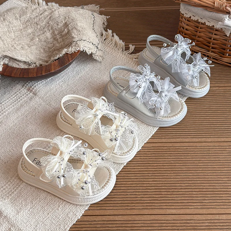 Girls Sandals Sweet Lace Bows Kids Beach Shoes Korean Style Soft Bottom 2026 Summer New Children Princess Shoes Open Toes
