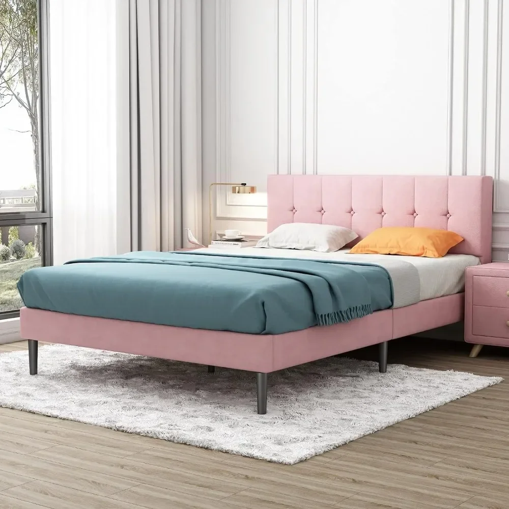 

Pink Bases and Bed Frames Wooden Slats Steel Frame Full Size Velvet Upholstered Platform Bed Frame Base and Frames for Bedroom