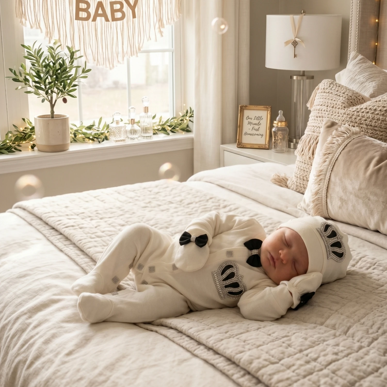 Newborn Rhinestone Crown Footed Romper 3pcs Black White Satin Bow Tie Luxury Outfit Custom Name Baby Photo Shoot Clothes - view 6