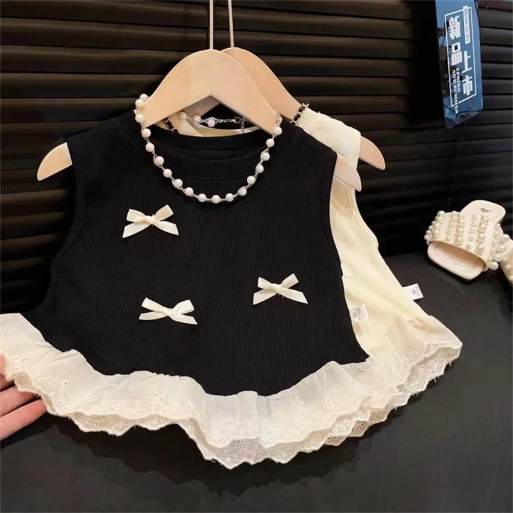 Bear Leader Summer Solid Color Baby Girl Top Bow Decoration Sleeveless Vest Lace Patchwork Children's Base Shirt 2-6 Year Old