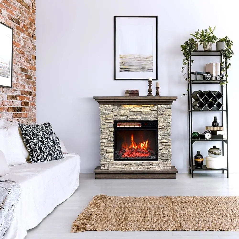 

Wall Mantel Electric Fireplace with Remote Control, Smoky Gray Stone