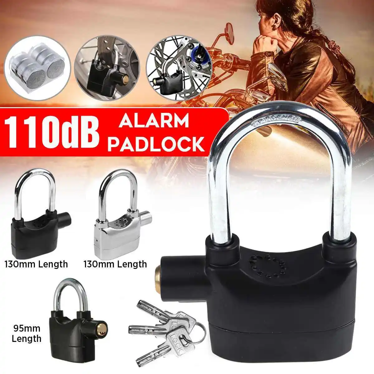 110dB Long Universal Bike Motorcycle Home Garage Black Alarm Lock Sensor Anti Theft Security Secure Padlock with 3 Keys