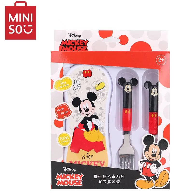 MINISO-Couverts de cuillère Disney avec boîte pour enfants, cuillère pour bébé, sac portable en acier inoxydable 304, dessin animé