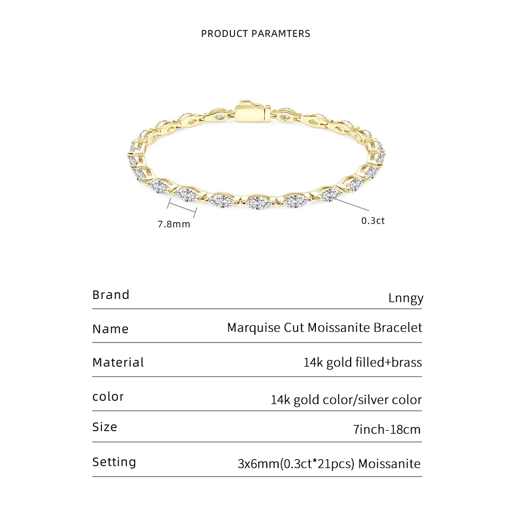 Lnngy Certified 3x6mm Marquise Cut Moissanite Tennis Bracelet For Women Sparkling Lab Diamond Hand Chain Bracelets Jewelry Gifts