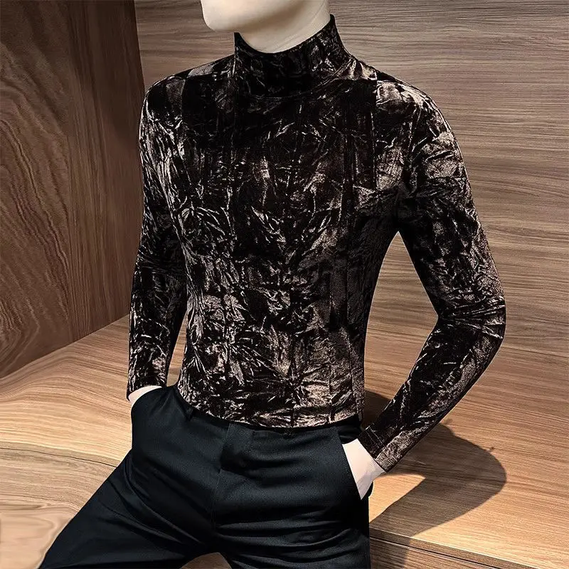 Half Turtle Neck Gold Velvet Base Shirt for Men's Trendy Brand Inner Wear Warm Long-sleeved T-shirt for Men