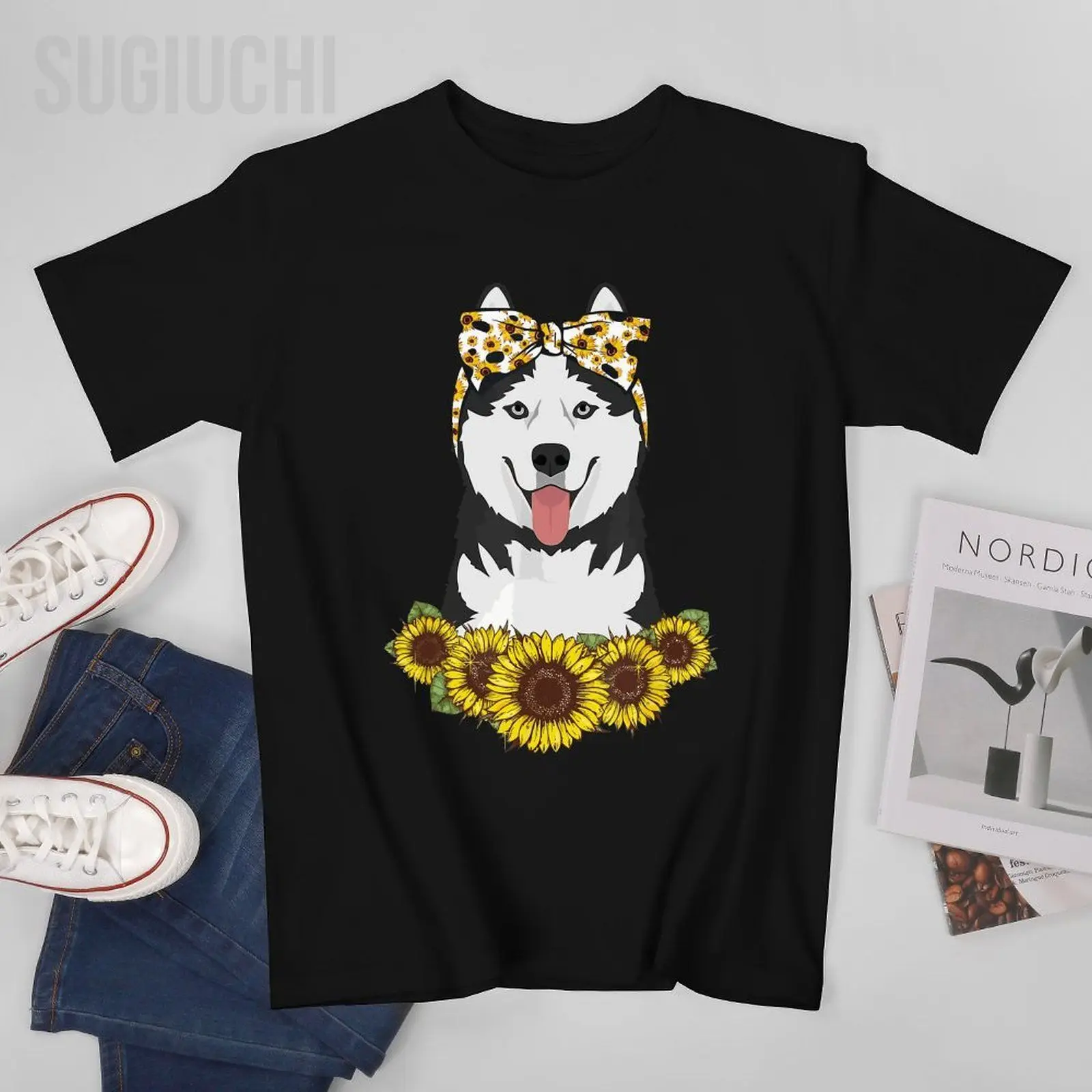 Unisex Men Girls Women Mom Siberian Husky Dog Sunflower Puppy Lover Tshirt Tees T Shirts Women Boys 100% Cotton T-Shirt