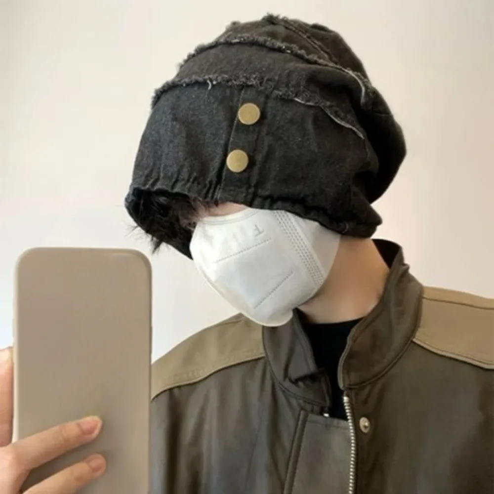 

Fashion Vintage Distress Denim Pullover Cap Korean Style Hip Hop Washed Denim Beanie Button Cool Loose Beret Unisex