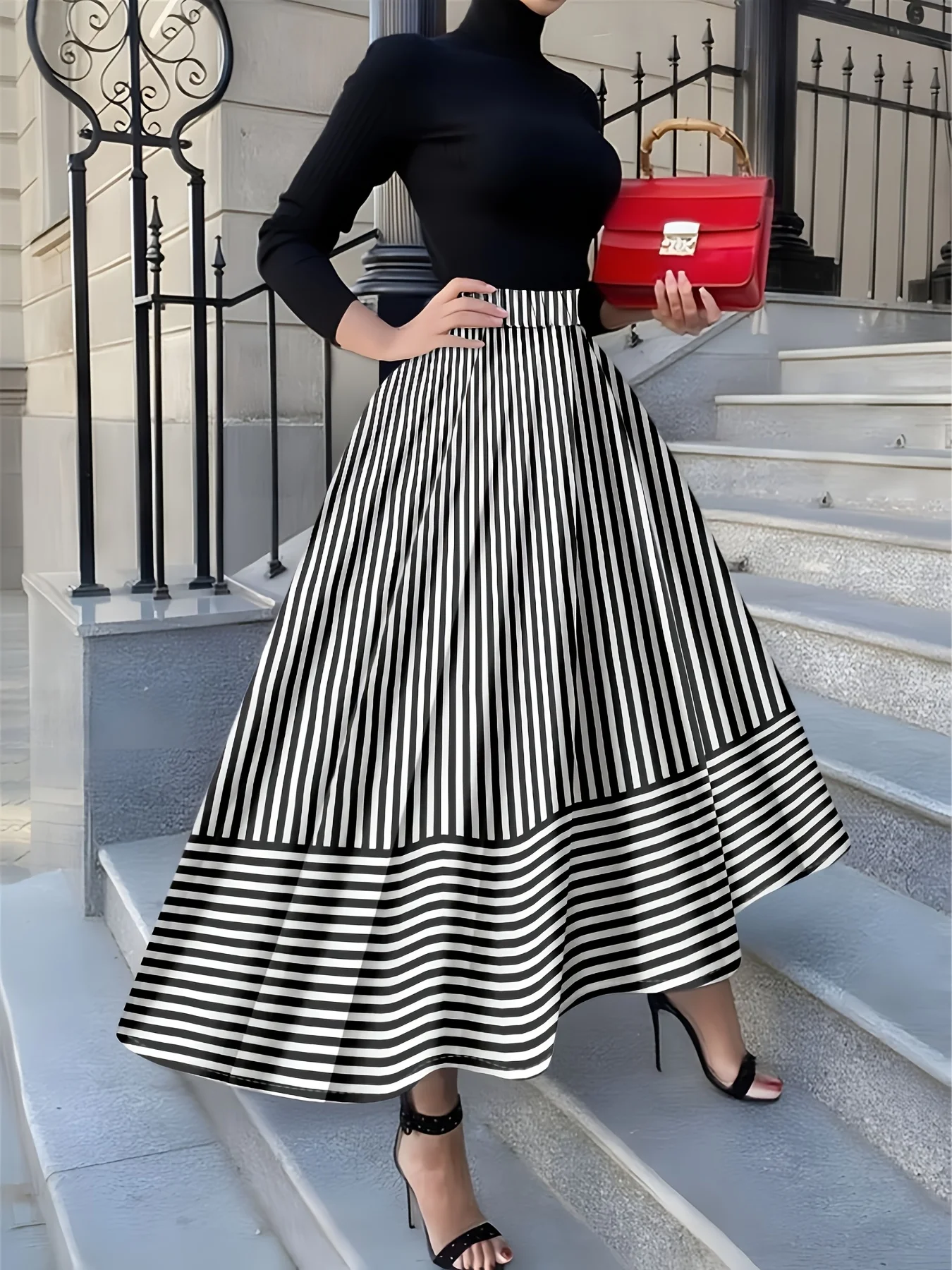 Falda media de estilo minimalista con rayas verticales en blanco y negro y diseño estampado Four Seasons