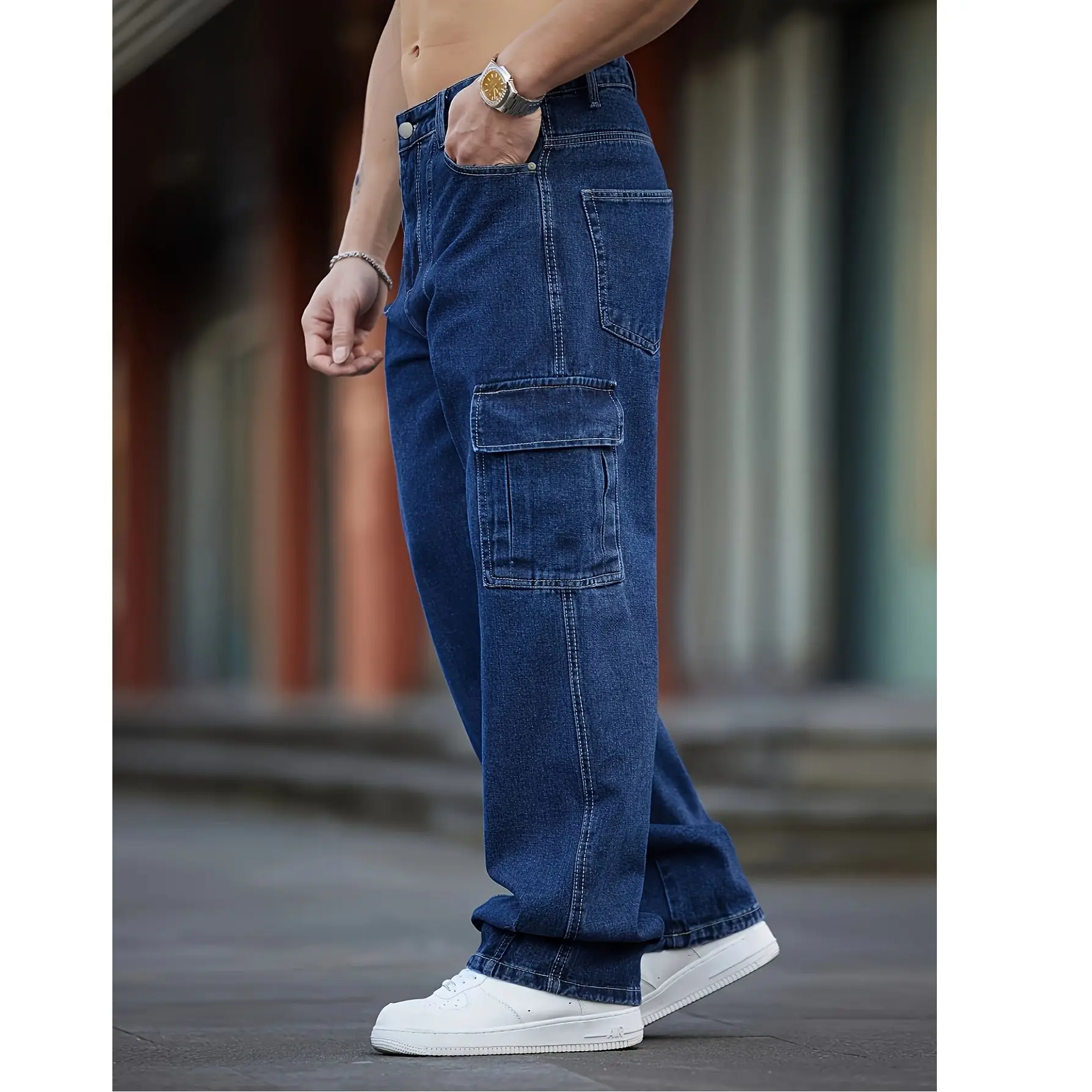 جينز رجالي للربيع والخريف مغسول باللون الأزرق الداكن بأرجل مستقيمة، تصميم كاجوال متعدد الجيوب، سروال فضفاض واسع الساق كبير الحجم
