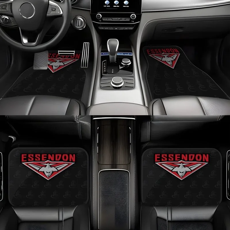 4pcs AFL Essendon Style Car Rubber Mats, Universal Anti-Slip Carpet, Easy-to-Clean Interior Accessories, Synthetic Rubber Materi